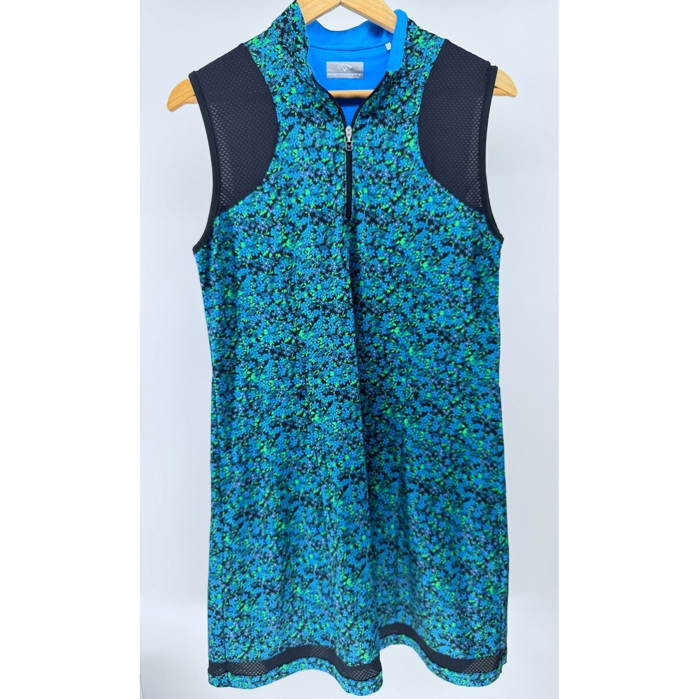 Callaway Opti-Dri Golf Dress Womens L Blue Floral Sleeveless Quarter Zip